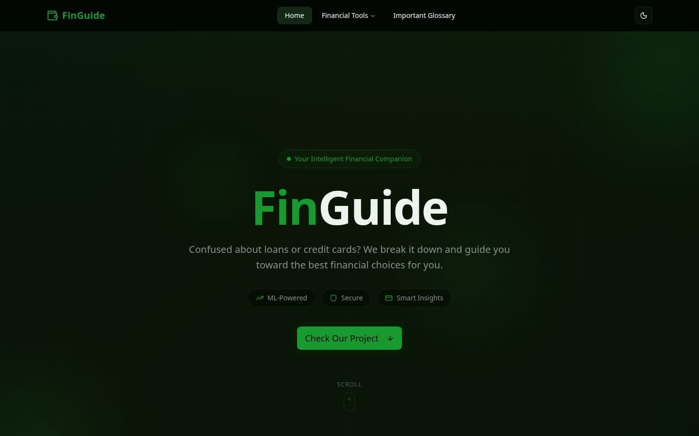 FinGuide live site, home screen